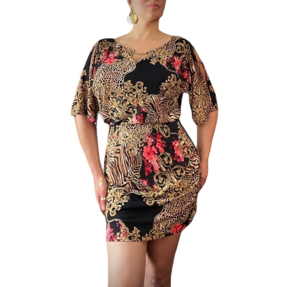 Thalia Sodi Animal Floral Print Cold Shoulder Mini Blouson Mini Dress w/…